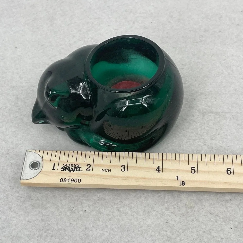 Indiana Glass Evergreen Cat Votive Holder Emerald Green Sleeping Kitten 3865